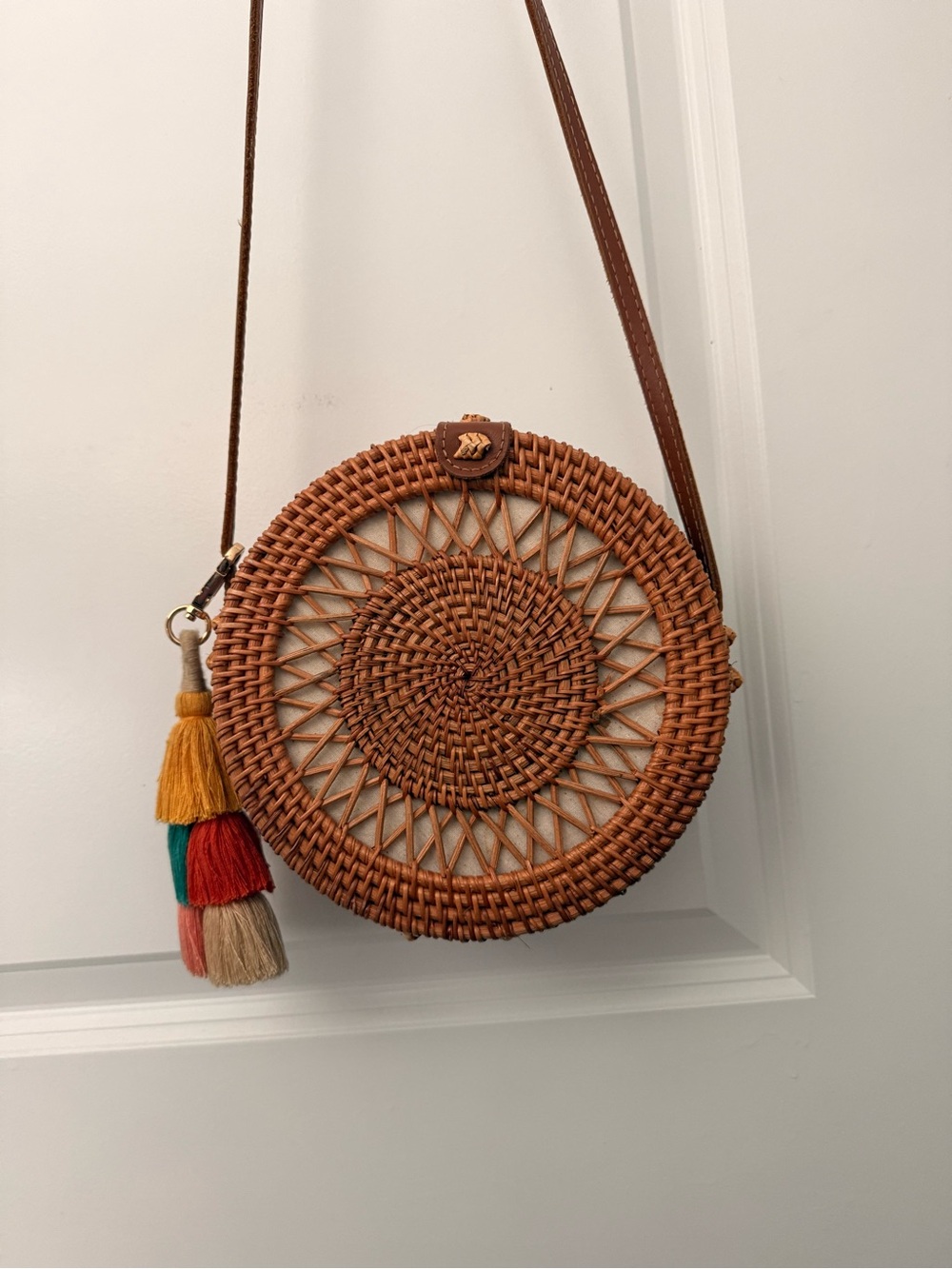 Woven Round Rattan Crossbody Bag in Brown with Tassel